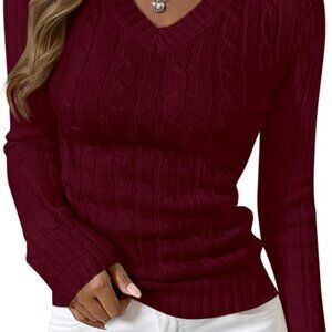 V Neck Cable Knit Sweaters for Women 2025 Long Sleeve Ribbed Fitted Pullover Top